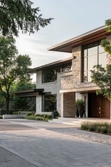 Obraz premium A modern exterior of a suburban home with clean lines, a spacious driveway, and a mix of natural stone and stucco finishes 