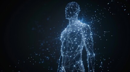 Glowing hologram of human body 3D structure with dark background.