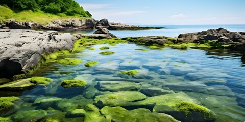 Algae in Water with Rocky Shore: A Beautiful Nature Scene. Concept Nature Photography, Rocky Shore, Water Reflections, Algae, Beautiful Landscape