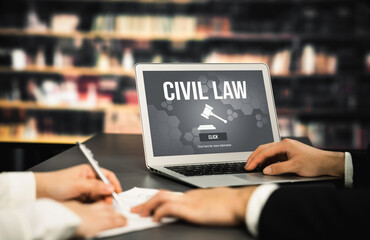 Civil law savvy information showing on laptop computer screen for Common Justice Legal Regulation...