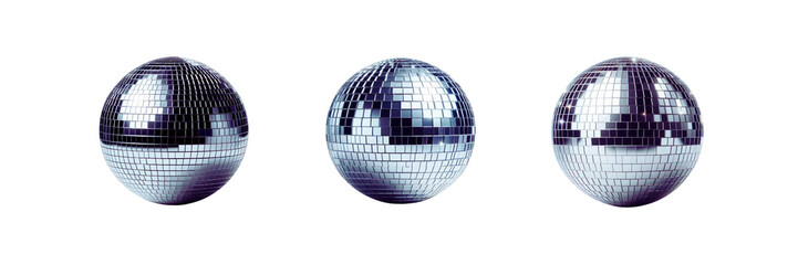 Set of Three Silver disco mirror ball, isolated over on transparent white background