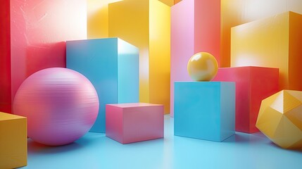 Obraz premium Vibrant geometric shapes including spheres, cubes, and pyramids in bright pastel colors, creating a playful and modern composition