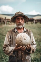 Fototapeta premium a man holds an ostrich egg in his hands. Selective focus