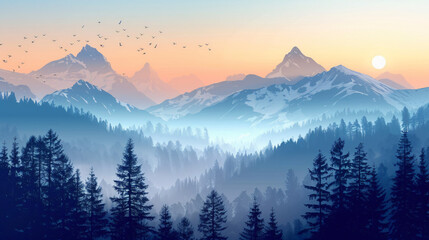 Beautiful mountain landscape with forest in morning