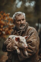 a male farmer holds a pig in his hands. Selective focus