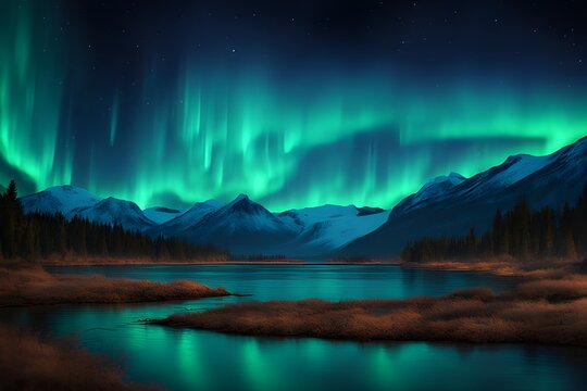 Northern lights aurora borealis over beautiful lake landscape 