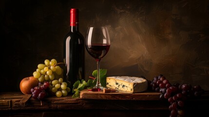 A still life of a wine bottle, a glass of red wine, a cheese board, and grapes, arranged elegantly on a dark wooden table with soft lighting 