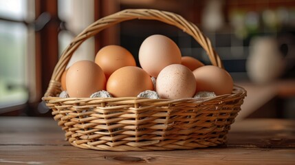 Freshly Collected Eggs Freshly collected eggs in a wicker basket, rustic farm kitchen, soft light, copy space, evoking a sense of home and fresh food