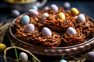 easter egg nests, edible nests made with chocolate and eggs, a delightful treat. generative ai