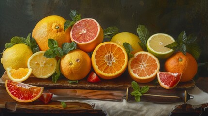 A vibrant still life with an array of citrus fruits, sliced open to reveal their juicy interiors, arranged on a rustic wooden board with a knife and fresh mint leaves 