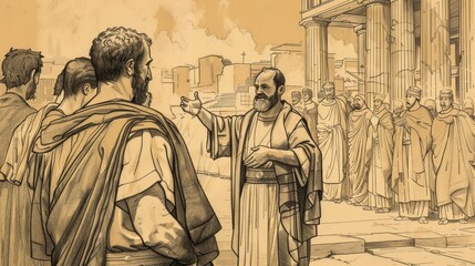 Naklejka premium Power and Growth: Acts 2 Biblical Illustration Highlighting Pentecost, Peter's Sermon on Beige Background with Copyspace