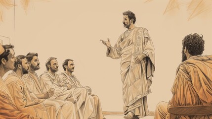 Faithfulness and Martyrdom: Acts 7 Biblical Illustration Highlighting Stephen's Speech, Vision on Beige Background with Copyspace