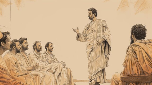 Faithfulness and Martyrdom: Acts 7 Biblical Illustration Highlighting Stephen's Speech, Vision on Beige Background with Copyspace