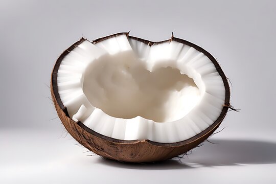 A pristine circular coconut outer shell, polished smooth, resting against a milky white backdrop.