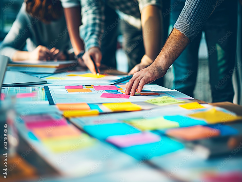 Poster team collaborating over papers with colorful sticky notes, workplace background, teamwork concept. g