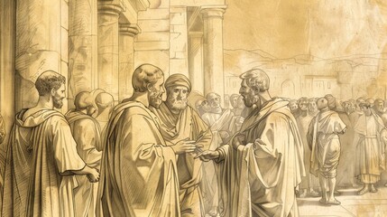 Naklejka premium Witness and Spirit: Acts 1 Biblical Illustration Highlighting Ascension, Promise, Matthias' Selection on Beige Background with Copyspace