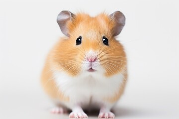 Adorable close-up of a cute hamster with orange and white fur, curious expression, and wide eyes isolated on a white background.