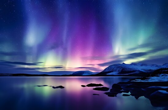 Northern lights aurora borealis over beautiful lake landscape 