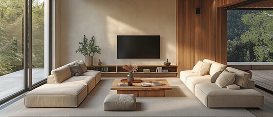 living modern minimal livingroom with a sofa, a couchtable and a tv wall in oak wood and japandi style