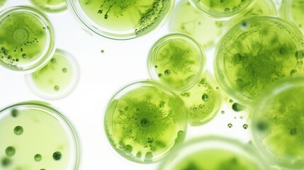 Close-up image of green algae cells under a microscope, showing their intricate structure and cellular details.