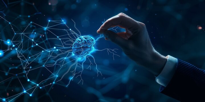 Conceptual image of a hand holding a glowing brain.