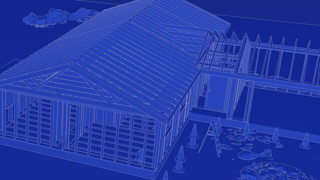 under construction house site, frame structure, with large machines, seamless looping 3D blueprint animation