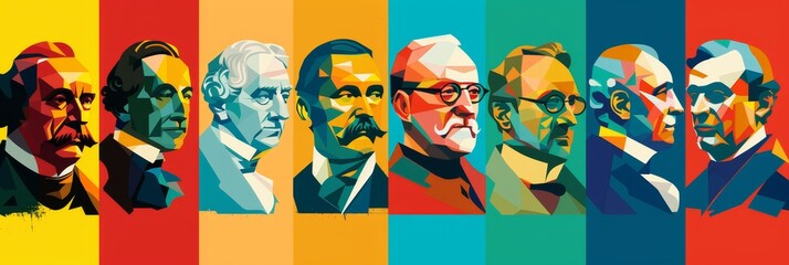 This is an illustration of a man's face in a variety of colors. The man is wearing glasses and has a mustache. The image is created in a pop art style.