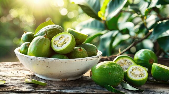 feijoa in a white bowl on a wooden table, nature background. Selective focus