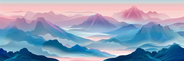 The image is a beautiful landscape painting of blue and purple mountains in the distance with a pink sky and white clouds.
