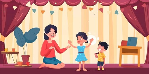 The teacher is sitting on the stage with two children