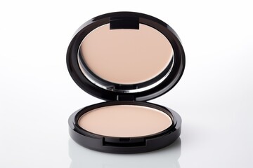Open black compact powder case with mirror, showcasing light beige pressed powder on a white background. Perfect for makeup universals.