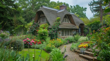 A charming garden house with a thatched roof, surrounded by blooming flowers, lush greenery, and winding pathways, exuding tranquility and charm.