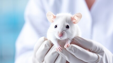 Scientist holding a white laboratory mouse in gloved hands, representing scientific research, laboratory work, and animal testing.