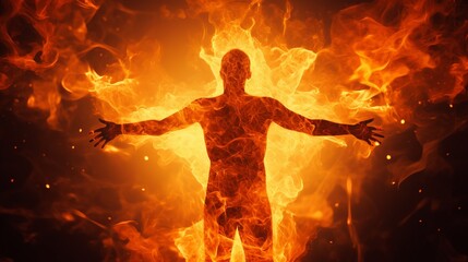 Silhouette of a person surrounded by fire, symbolizing power, energy, and intensity in a dramatic and dynamic visual representation.