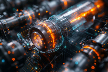 A detailed view of complex machinery with glowing orange elements, laser, in a high tech industrial setting. suitable for content on engineering, innovation, or advanced manufacturing.