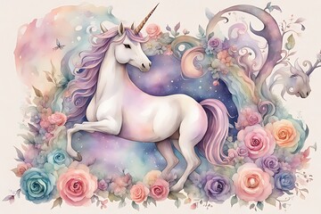 Naklejka premium Watercolor clipart depicting a rustic unicorn placed in a dreamy pastel-colored junk journal scene.