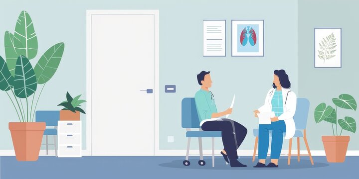 The patient is sitting in a chair in the doctor's office. The doctor is sitting at a desk and writing something. There are plants in the office.