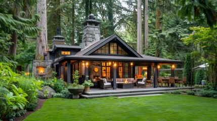 Fototapeta premium A cozy garden house with a covered patio, outdoor fireplace, and comfortable seating, surrounded by beautifully landscaped gardens and tall trees.
