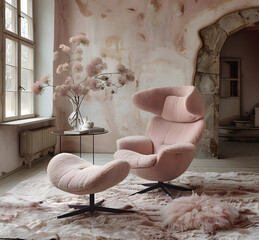 Dark Pink sofa and recliner chair in scandinavian apartment high quality photo