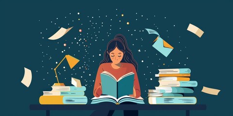 A woman is reading a book. She is surrounded by books and papers. The image is about reading and learning.