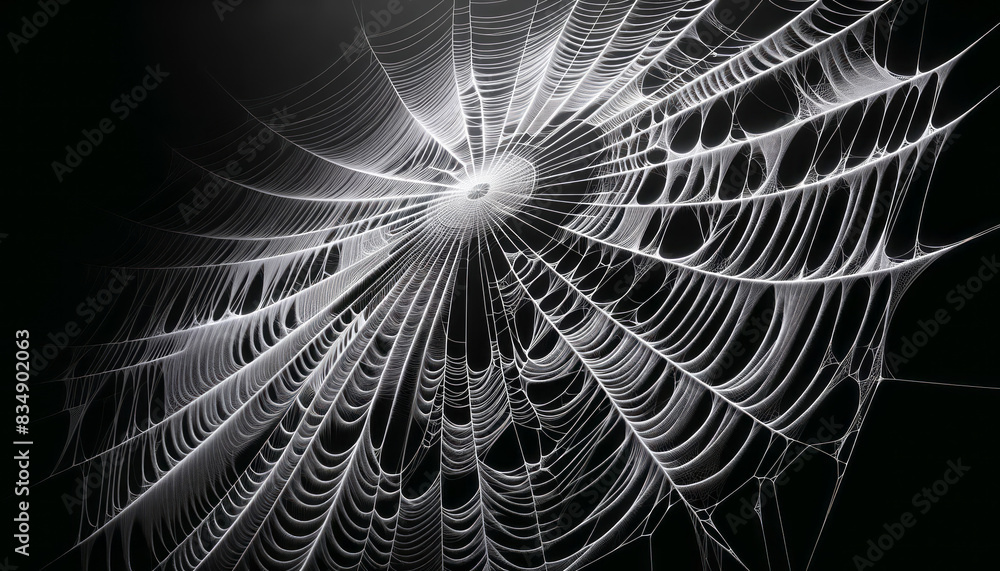 Poster intricate spider web covered in dewdrops, digital artwork on a dark background, concept of nature's 