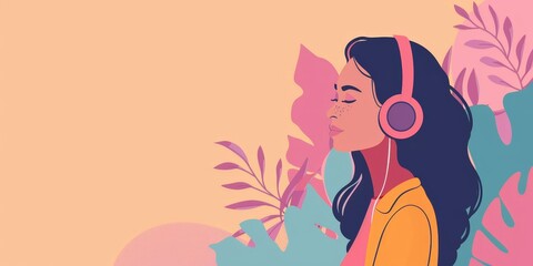 The photo shows a woman with long dark hair listening to music on headphones. She has her eyes closed and is surrounded by colorful leaves.