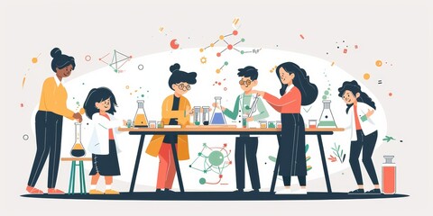 Group of diverse scientists in lab coats working together at a lab table