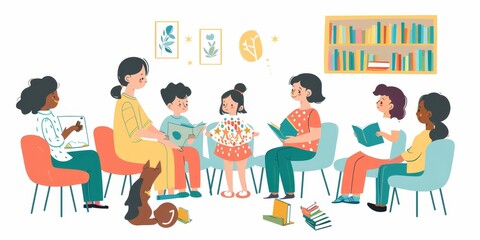 Group of diverse women and children reading books in a library or classroom