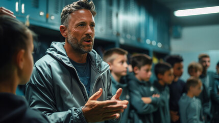 Sports coach giving motivational speech to young soccer team in locker room