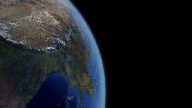 Fly Zoom into Bhutan, Thimphu, Phuntsholing, through space to see the country map region from above from space. Detailed map Showing area, HD and 4K. Animation.