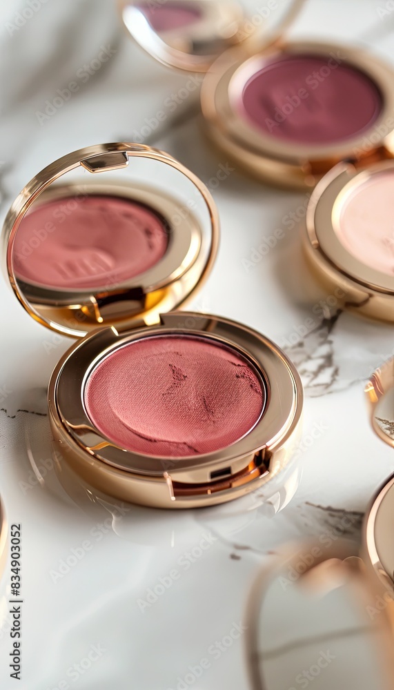 Poster close-up shot of a blush compact case open on a marble surface, showcasing the rich pink color of th