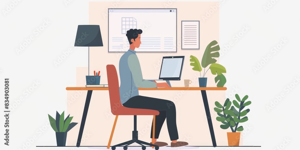 Poster man working on computer at home office desk. vector illustration.