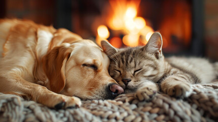 Naklejka na ściany i meble Golden retriever and tabby cat sleeping together by a cozy fireplace
