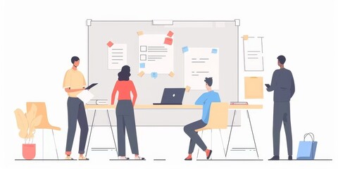 A group of people are working together in an office. They are using a whiteboard to brainstorm ideas.